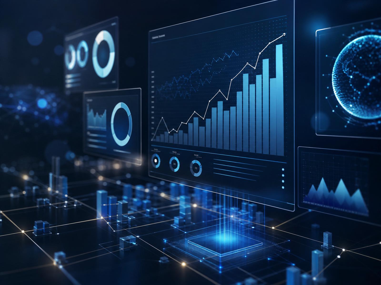 Dashboards e visualizações de dados representando consultoria estratégica, desenvolvimento de software e inteligência artificial